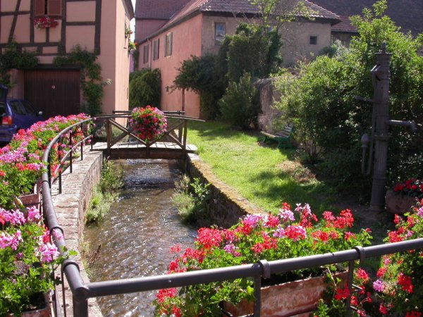 Le ruisseau et sa passerelle fleurie de géraniums