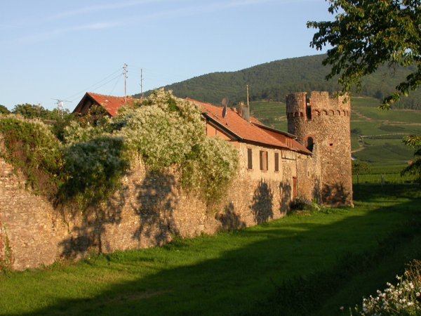 Le rempart et une tour ronde, au soleil du soir